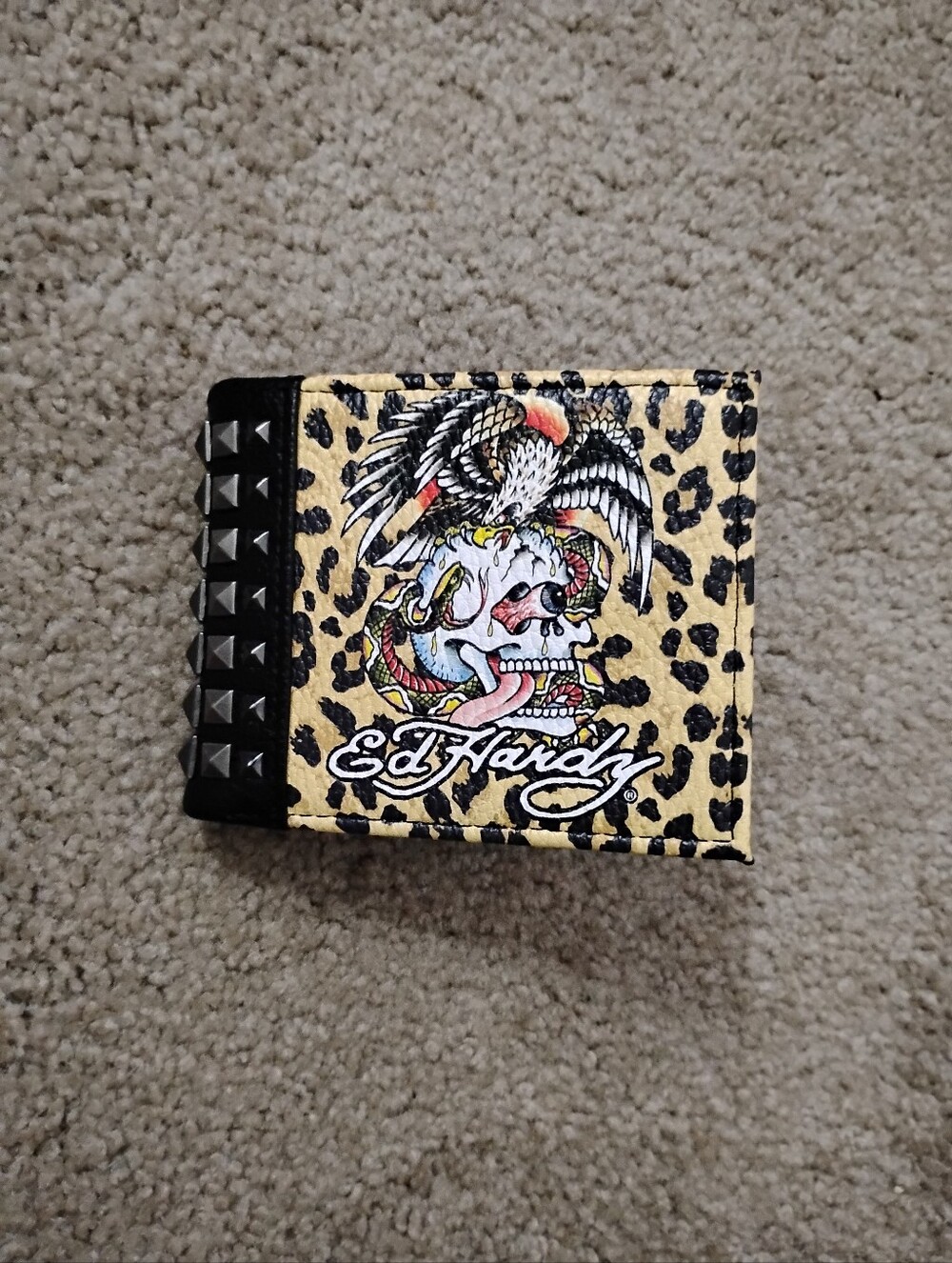 Ed Hardy Studded Cheetah Print Skull & Eagle Bifold Wallet - Picture 2 of 5